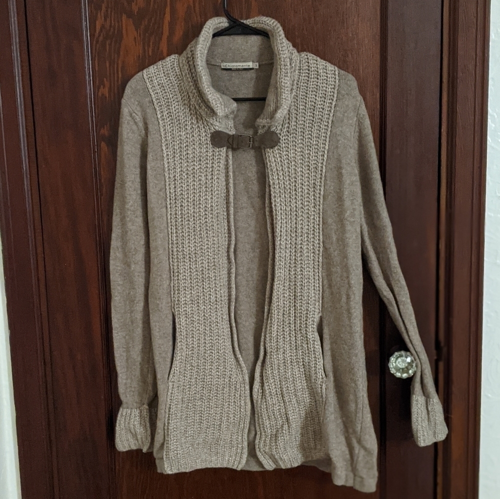 Chiaramente Italian Wool Blend Blown Long Buckle Front Cardigan  Pockets Sz Sm